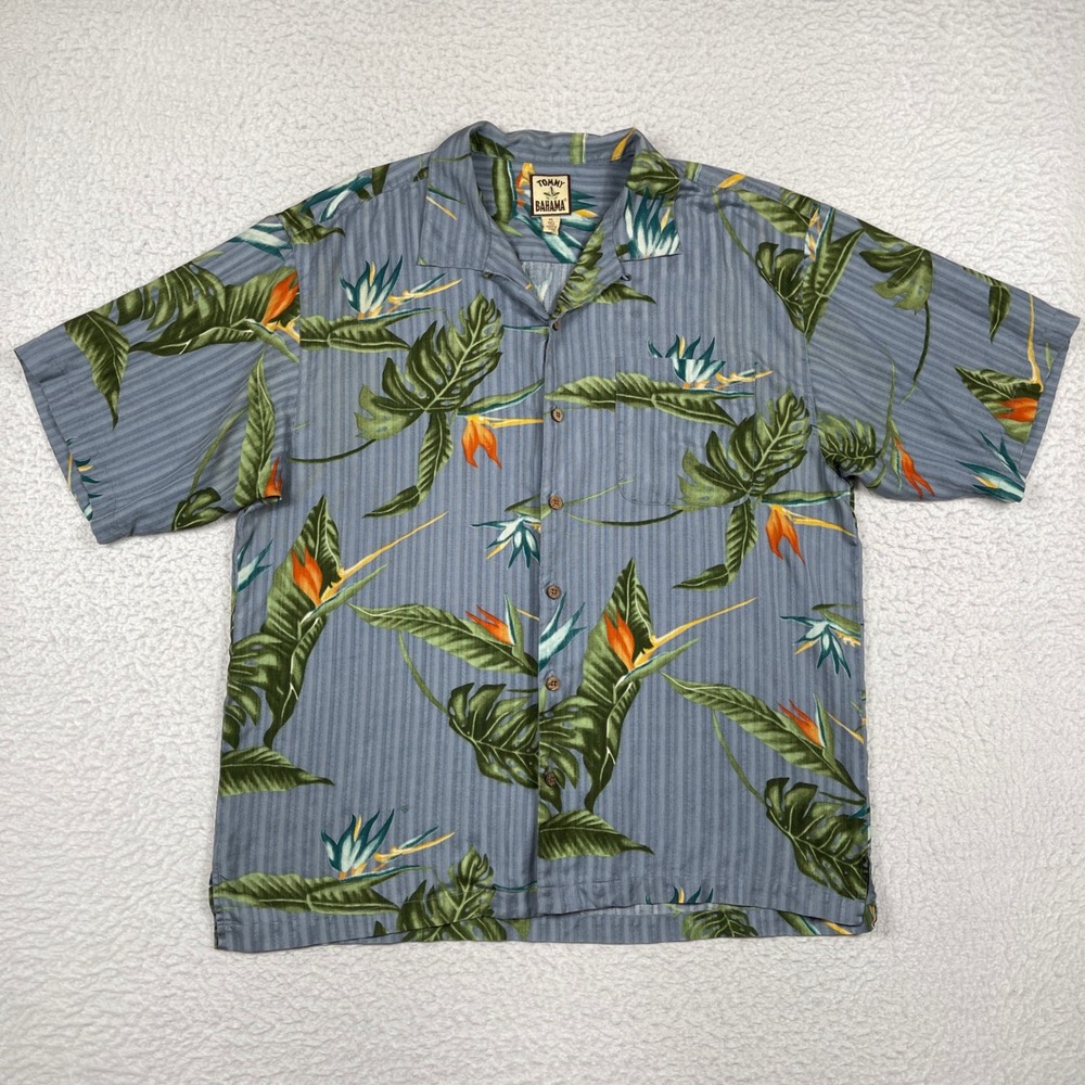 Tommy Bahama Button Down Shirt Mens XL Blue Silk Paradise Tropical Beach Camp